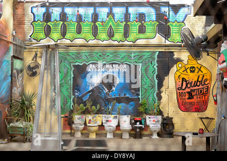 North America, Texas, USA, United States, America, Dallas, Deep Ellum, mural, funky, scene, toilets, painted wall, art Stock Photo