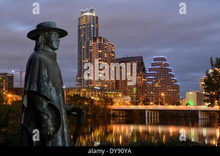 North America, Texas, USA, United States, America, Austin, Stevie Ray Vaughan, statue, sculpture, river, downtown, skyline Stock Photo