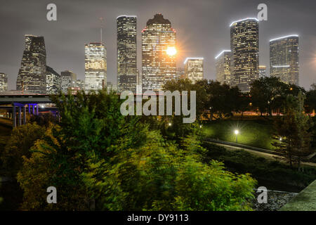 USA, United States, America, Texas, Houston, downtown, skyline, city, night, lights Stock Photo