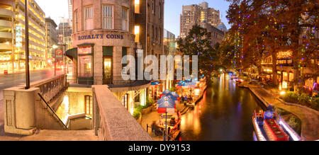 USA, United States, America, Texas, San Antonio, River Walk, dusk, panorama, city, cityscape, evening Stock Photo