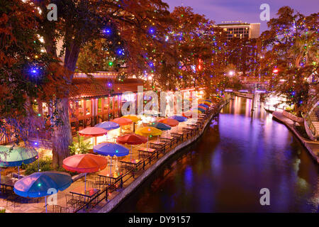 USA, United States, America, Texas, San Antonio, River Walk, dusk, restaurant, river, city, evening Stock Photo