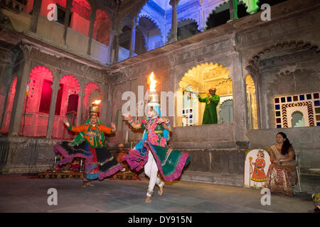 Dance performance show museum Bagore Ki Haveli Udaipur Rajasthan Asia India tradition folklore traditional national costumes, Stock Photo