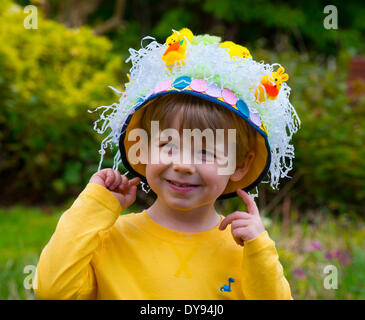 Harry Hayward, aged three, with his winning entry in the Easter Bonnet Competition at his nursery school in Shifnal, Shropshire, England, on Wednesday, 9th April, 2014. Credit:  J Hayward/Alamy Live News Stock Photo
