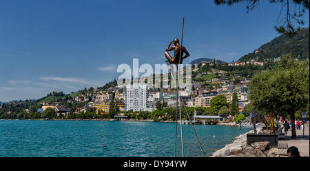 Quai de la Rouvenaz, Lake Geneva, Leman, town, village, water, summer, mountains, lake, Montreux, Vaud, Switzerland, Europe, Stock Photo