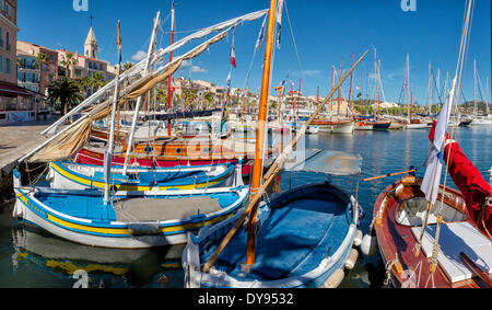 Traditional, fishing boats, port, harbour, town, village, water, spring, ships, boat, Sanary sur Mer, Var, France, Europe, Stock Photo