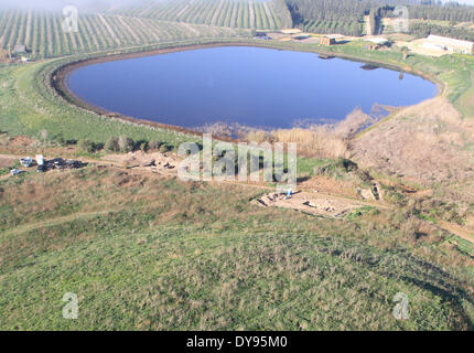 (140410) -- JERUSALEM, April 10, 2014 (Xinhua) -- File photo taken on Feb. 20, 2014, shows a general view of the excavation area of a sarcophagus at Tel Shadud, an archaeological mound in the Jezreel Valley, northern Israel. A 3,200-year-old coffin containing Egyptian valuables that archaeologists believe belonged to a high-ranking Canaanite official has been discovered in northern Israel, Israel's Antiquities Authority announced on April 9, 2014. The clay sarcophagus was found last December in the Jezreel Valley near Tel Shadud in northern Israel during the digging of a natural gas pipeline. Stock Photo