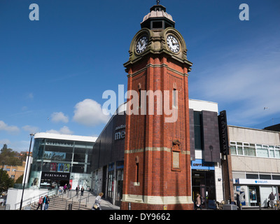 Clock Tower in centre of Bangor Gwynedd in front of Deiniol Shopping ...