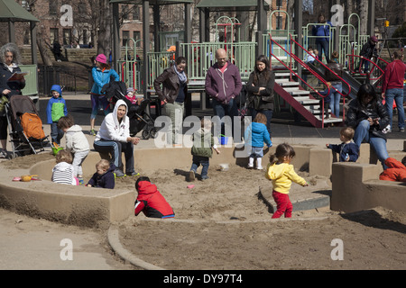 The busy sandbox at the playground in Prospect Park, Park Slope Brooklyn, NY. Stock Photo