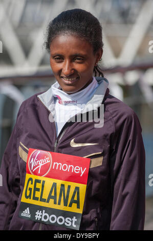 Tower Hotel, London UK. 10th April, 2014. Press conference for the Elite Women participants of the 2014 London Marathon with Tiki Gelana of Ethiopia. Credit:  Malcolm Park editorial/Alamy Live News Stock Photo