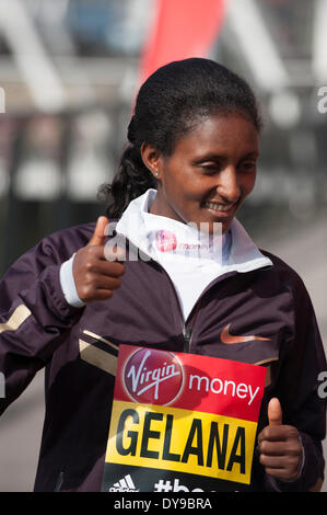 Tower Hotel, London UK. 10th April, 2014. Photocall for the Elite Women participants of the 2014 London Marathon with Tiki Gelana of Ethiopia. Credit:  Malcolm Park editorial/Alamy Live News Stock Photo