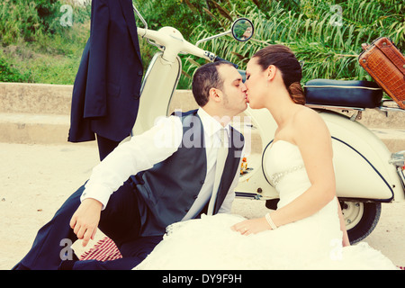 engaged couple kissing in honeymoon Stock Photo