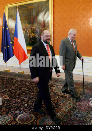 Czech President Milos Zeman, right, and President of the European Parliament Martin Schulz are seen during their meeting at the Prague Castle, on Thursday, April 10, 2014. (CTK Photo/ Michal Kamaryt) Stock Photo
