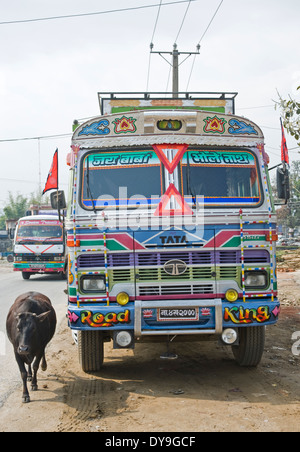 Highly decorated Nepali truck, Pokhara, Nepal. Stock Photo