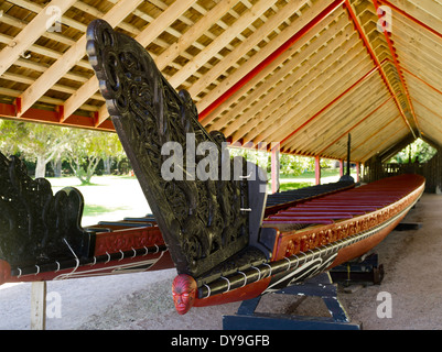 Ceremonial Waka at Waitangi Treaty Grounds, Northland, New Zealand Stock Photo