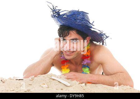 Young man laying at the beach isolated over white background Stock Photo