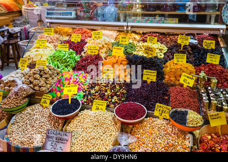 Dried fruit and nuts for sale in the Spice Bazaar (Misir Carsisi or Egyptian Bazaar), Eminonu district, Istanbul,Turkey Stock Photo