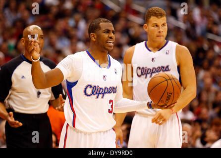 Los Angeles, California, USA. 09th Apr, 2013. Los Angeles Clippers guard Chris Paul argues a call during the NBA basketball game between the Oklahoma City Thunder and the Los Angeles Clippers at Staples Center in Los Angeles, California. Charles Baus/CSM/Alamy Live News Stock Photo