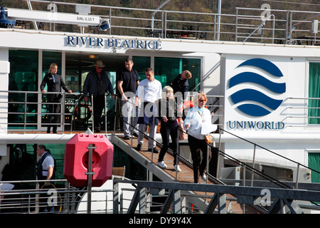 MV River Beatrice passengers disembark at Passau on the River Danube Stock Photo
