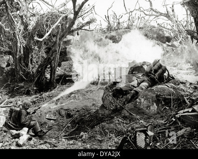 WW II historical war world war second world war Japan Two US marine flame thrower Japanese March 1945 Japan weapons arms, Stock Photo