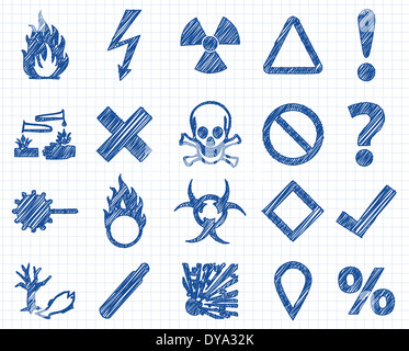 Danger, warning sign Doodle illustration collection on excersize book paper. Stock Photo