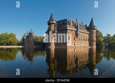 Netherlands, Holland, Europe, Haarzuilens, Utrecht, castle, water, autumn, reflections, De Haar castle, De Haar, Stock Photo