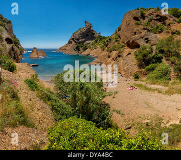 La Calanque de Figuerolles, calanque, rocky bay, landscape, water, summer, beach, sea, people, La Ciotat, Var, France, Europe, Stock Photo