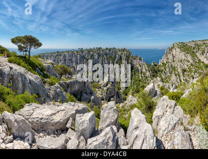 Calanque d'En-vau, calanque, rocky bay, landscape, summer, mountains, sea, Cassis, Bouches du Rhone, France, Europe, Stock Photo