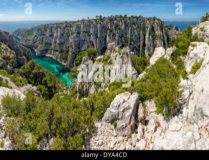 Calanque d'En-vau, calanque, rocky bay, landscape, summer, mountains, sea, Cassis, Bouches du Rhone, France, Europe, Stock Photo