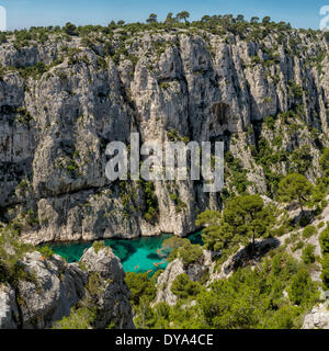 Calanque d'En-vau, calanque, rocky bay, landscape, summer, mountains, sea, kayak, Cassis, Bouches du Rhone, France, Europe, Stock Photo