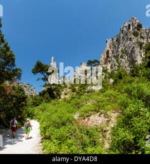 Calanque d'En-vau, calanque, rocky bay, landscape, summer, mountains, hills, people, Cassis, Bouches du Rhone, France, Europe, Stock Photo