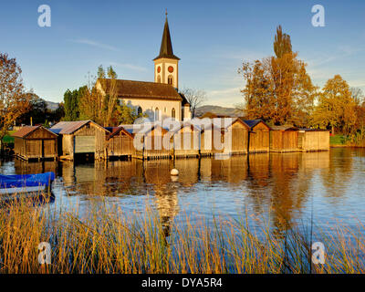 Switzerland, Europe, canton St. Gallen, evening mood, boat houses, church, autumn, Jona, Obersee, SG, Zurich, lake Zurich Stock Photo