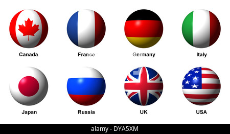 Collage of flags of the G8 countries with english labels Stock Photo