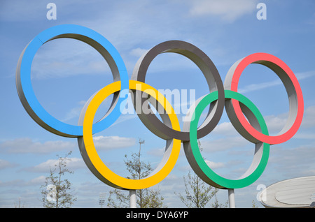 The Olympic Rings symbol at the Queen Elizabeth Olympic Park in Stratford, east London Stock Photo
