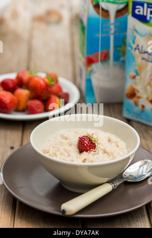 Lactose free porridge with strawberries, honey, almond milk, soy milk, rice milk Stock Photo