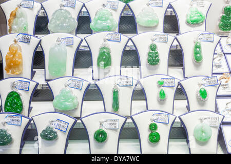 China, Macau, Jewellery Shop Window, Display of Jade Jewellery Stock Photo