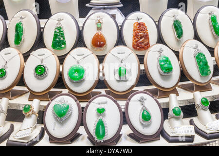 China, Macau, Jewellery Shop Window, Display of Jade Jewellery Stock Photo