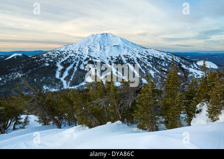 volcano vulcan peak mountain Cascade Range Oregon OR USA America United States winter ski skiing ski resort trail trails t Stock Photo