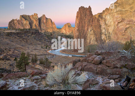 Smith Rocks State Park winter Oregon OR USA America United States Crooked River water river canyon tuff spire spires desert Stock Photo