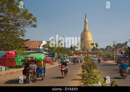 Myanmar, Burma, Asia, Pegu, architecture, avenue, colourful, pagoda, golden, traffic, travel, Shwemawdaw Stock Photo