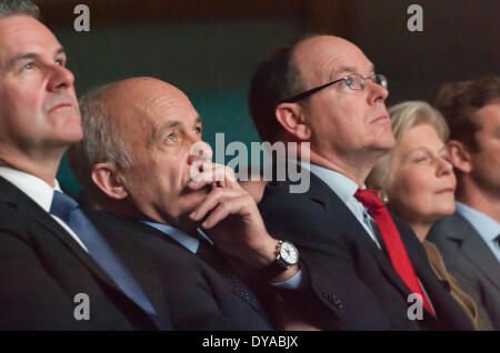 Payerne, Switzerland. 09th Apr, 2014. Prince Abert II of Monaco (right) and Ueli Maurer, Swiss minister of defence (middle), watch the unveiling of Solar Impulse 2 in . Credit:  Erik Tham/Alamy Live News Stock Photo