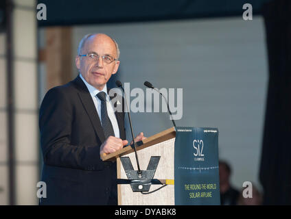 Payerne, Switzerland. 09th Apr, 2014. Ueli Maurer, Swiss minister of defence during a speach at the unveiling of Solar Impulse 2 in . Credit:  Erik Tham/Alamy Live News Stock Photo