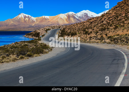 Winding road in Lauca National Park, North Chile Stock Photo