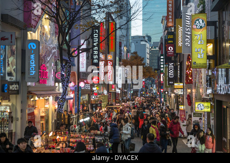 Korea, Asia, Myeongdong, Seoul, busy, city, colourful, district, landmark, lights, people, shopping, street, sunset, night Stock Photo