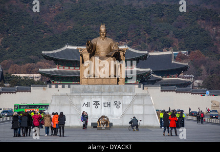 Gwanghwamun King Korea Asia Kyongbok Sejong Seoul world heritage alphabet character architecture avenue city downtown great, Stock Photo