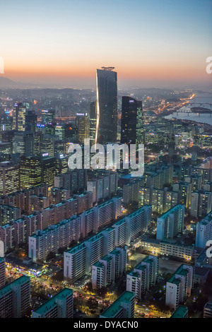 Korea Asia Seoul Yeouido aerial apartments architecture blocks center city colourful financial geometry international order, Stock Photo