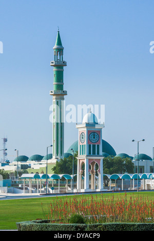 Clock Tower Doha Grand Mosque Qatar Middle East architecture city garden Islamic minaret park symbol touristic mosque Stock Photo