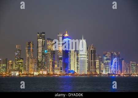 Buildings Burj Doha Qatar Middle East architecture center city colourful corniche futuristic skyline night lights touristic, Stock Photo