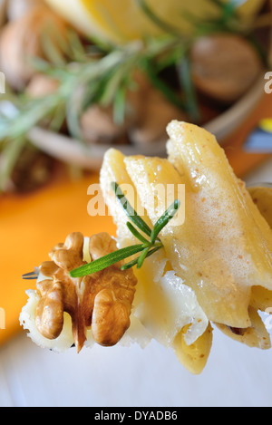 Italian rigatoni pasta with nuts cream and pecorino cheese Stock Photo