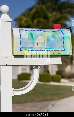 Hand Painted Mailbox, Residential Suburban Home, Punta Gorda, FL Stock Photo