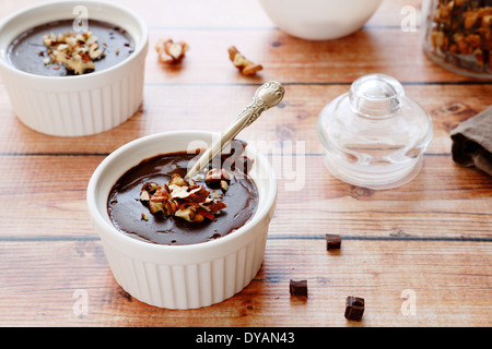 chocolate pudding in baking dish, sweet food Stock Photo